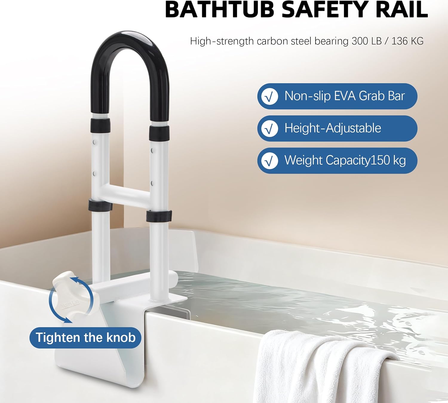 Bathtub Safety Rail Grab Bar with Non-Slip Grip, Clamp-On Handle for Seniors


