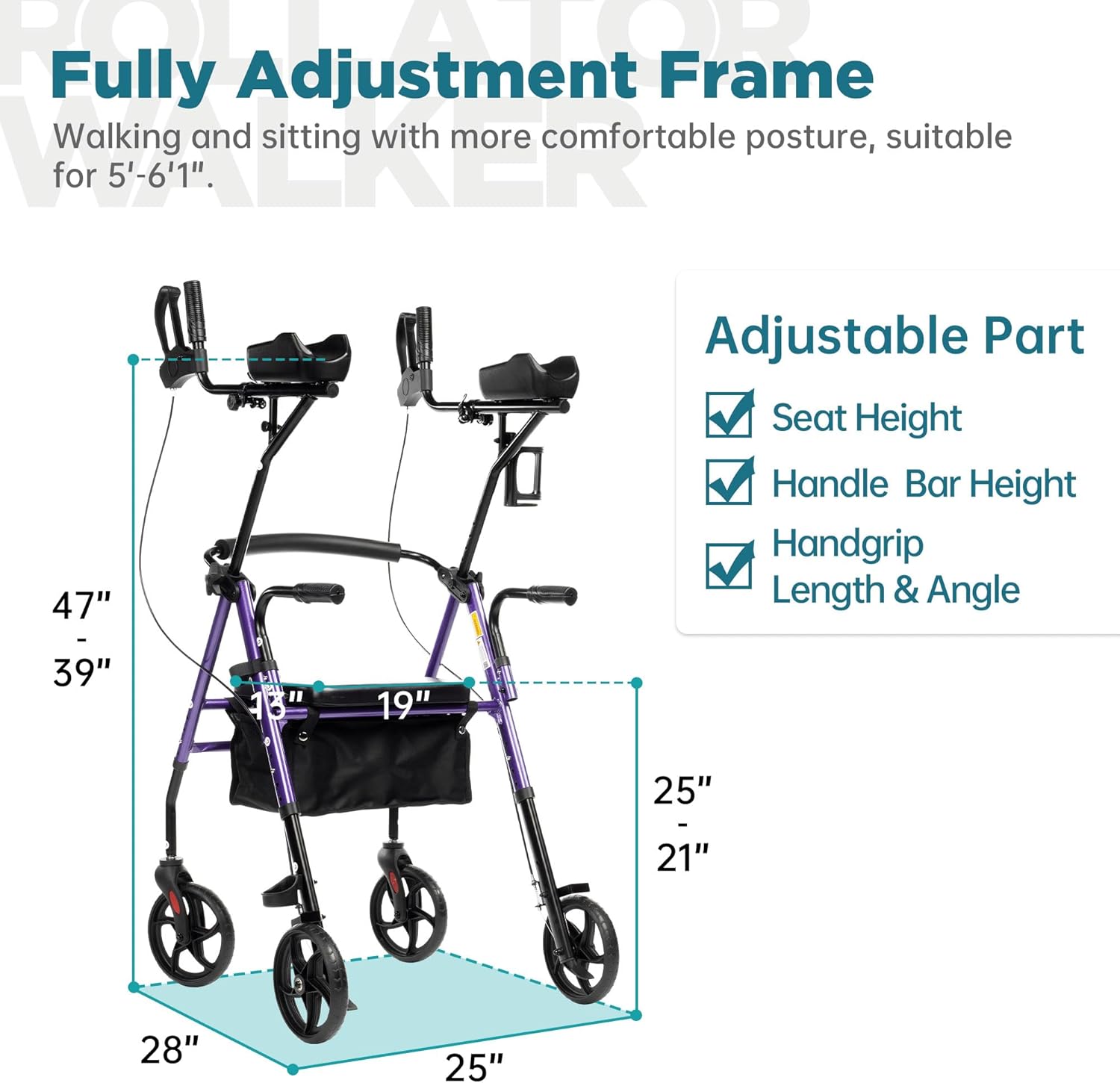 ELENKER Upright Walker Rollator with Padded Seat and Backrest, Compact Folding

