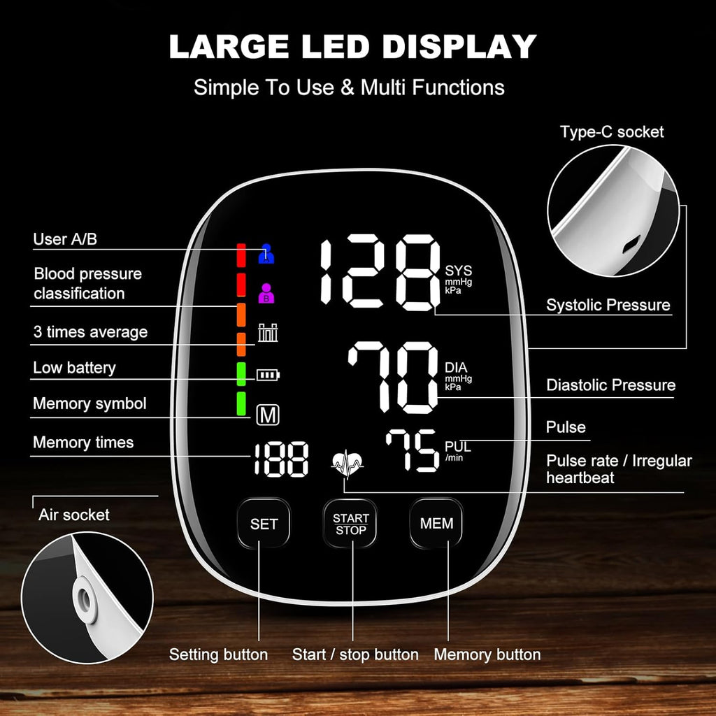 Blood Pressure Monitor for Home Use, Upper Arm, Backlit Display, Dual Power, WHO Indicator

