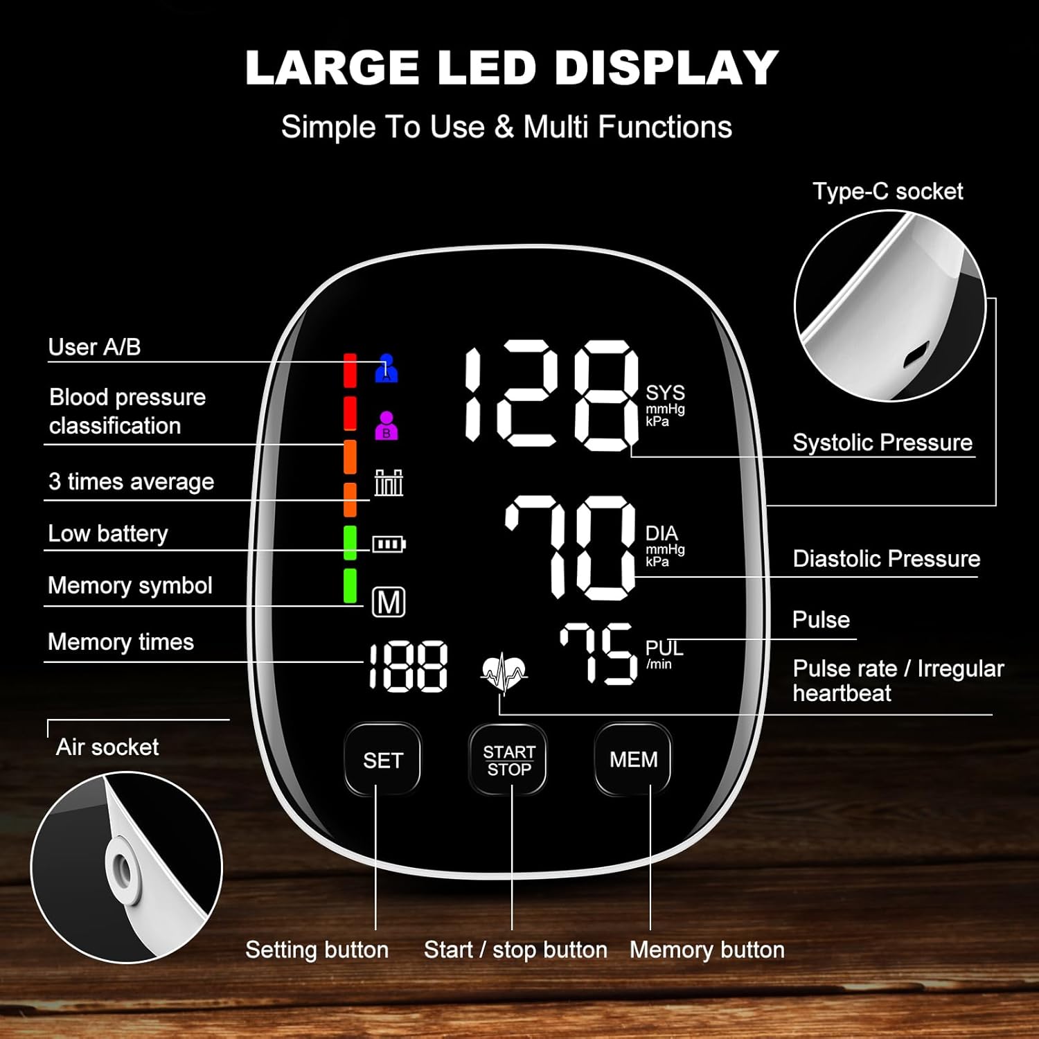 Blood Pressure Monitor for Home Use, Upper Arm, Backlit Display, Dual Power, WHO Indicator

