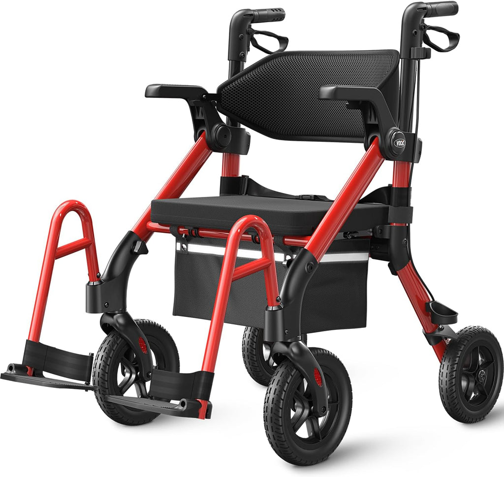 VOCIC 2-in-1 Walker Transport Wheelchair Rollator with Seat, Brakes, All-Terrain Wheels

