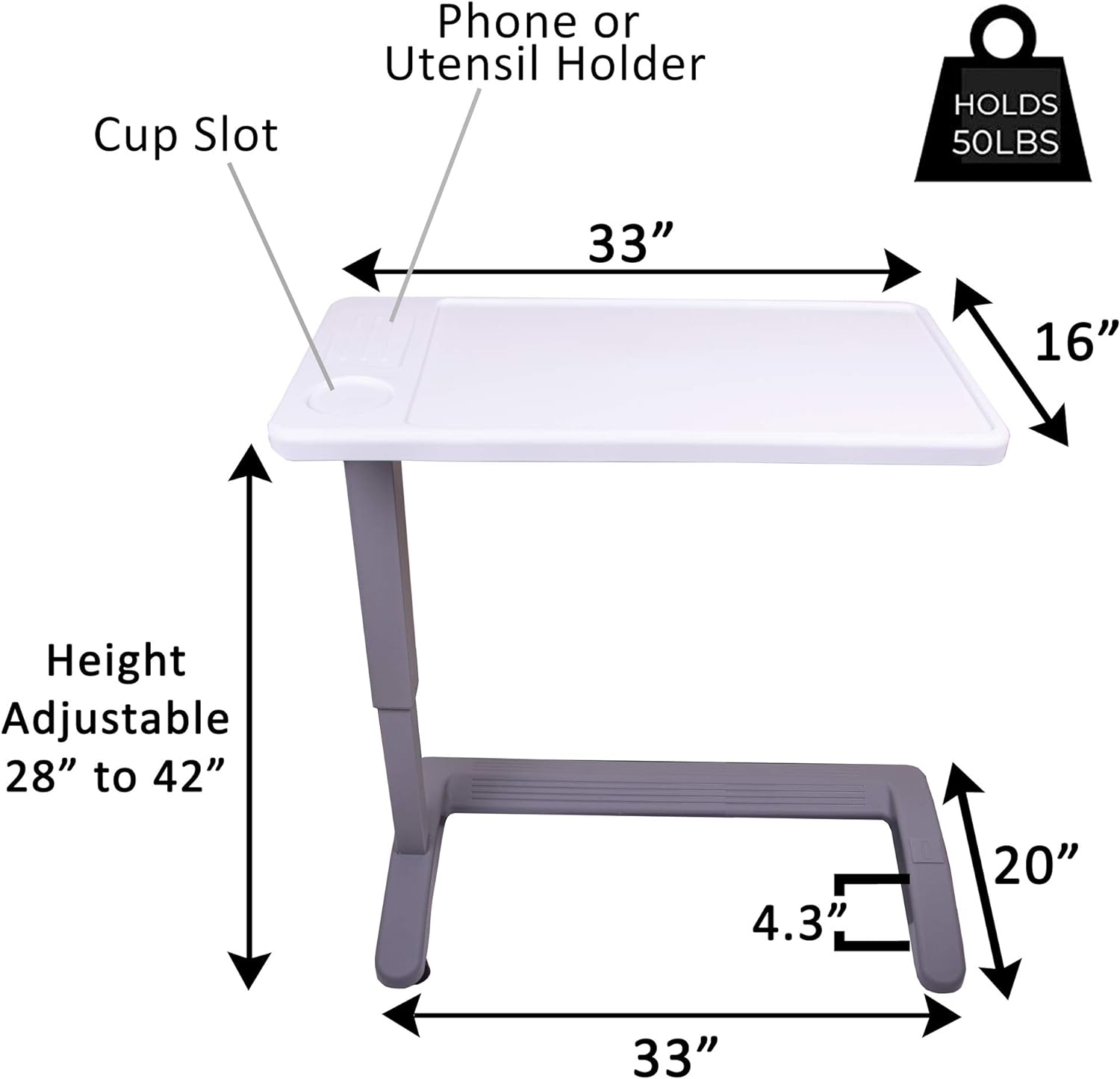 Carex Rolling Overbed Table with Wheels, Adjustable Height Bedside Desk Tray

