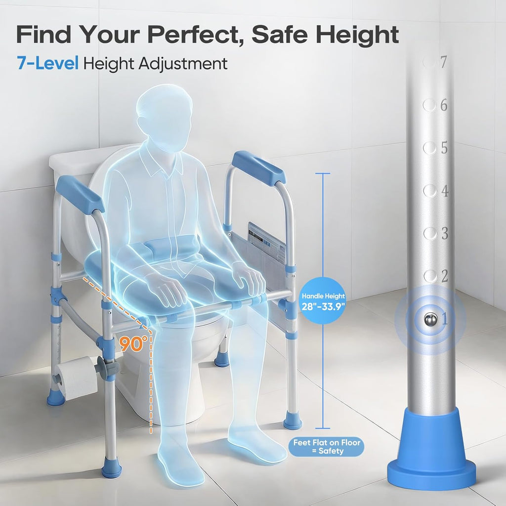 Padded Toilet Seat Riser with Adjustable Safety Frame and Handles, Heavy Duty 450 lb

