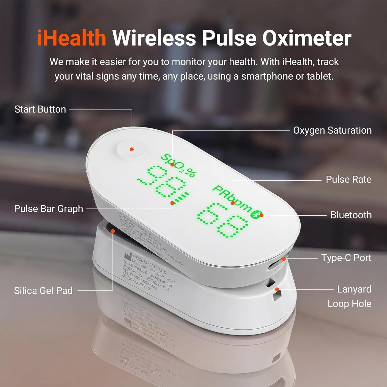 iHealth Rechargeable Fingertip Pulse Oximeter with Bluetooth App Trend Tracking

