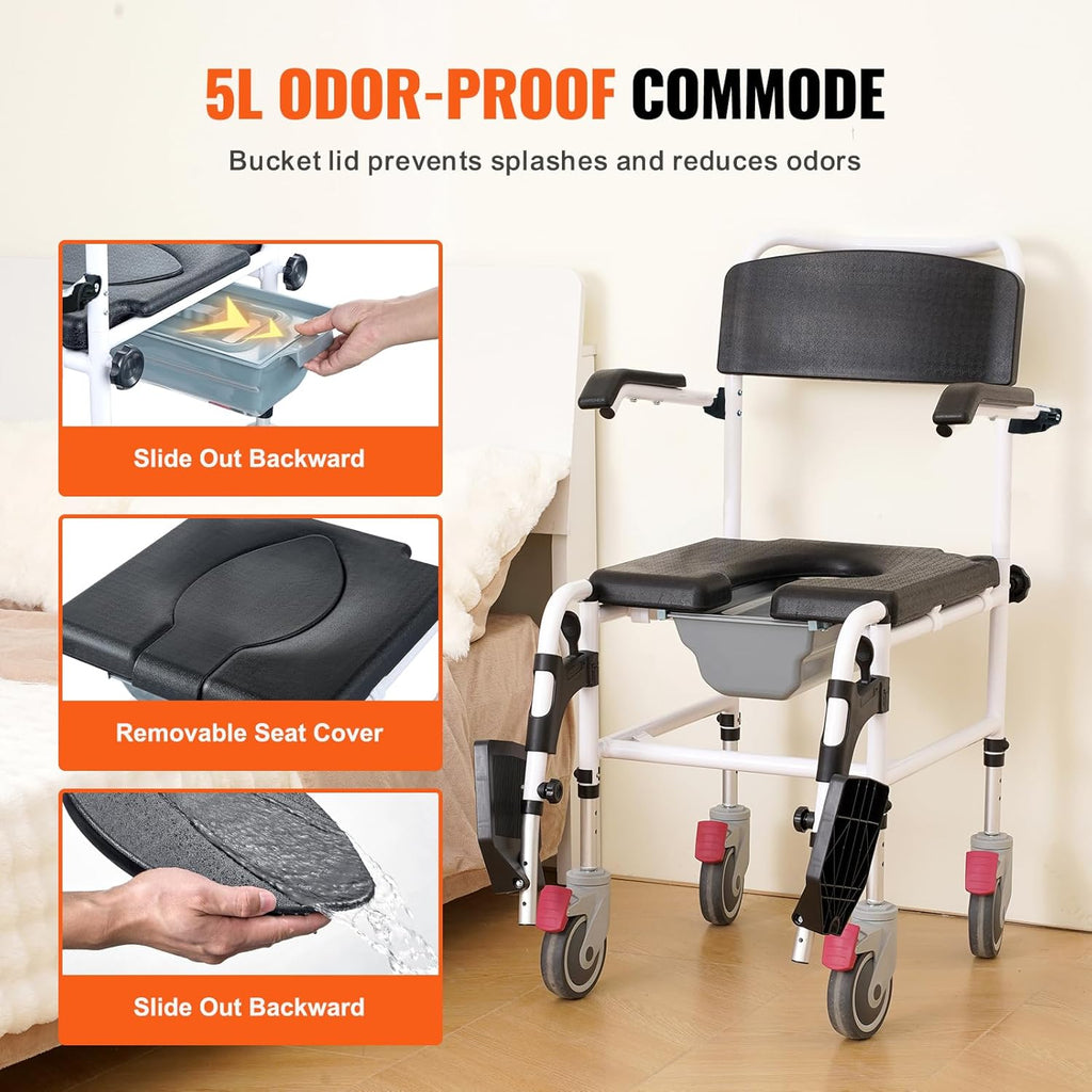 VEVOR 4-in-1 Shower Commode Wheelchair with Removable Bucket, Flip-Up Arms, 350 lbs


