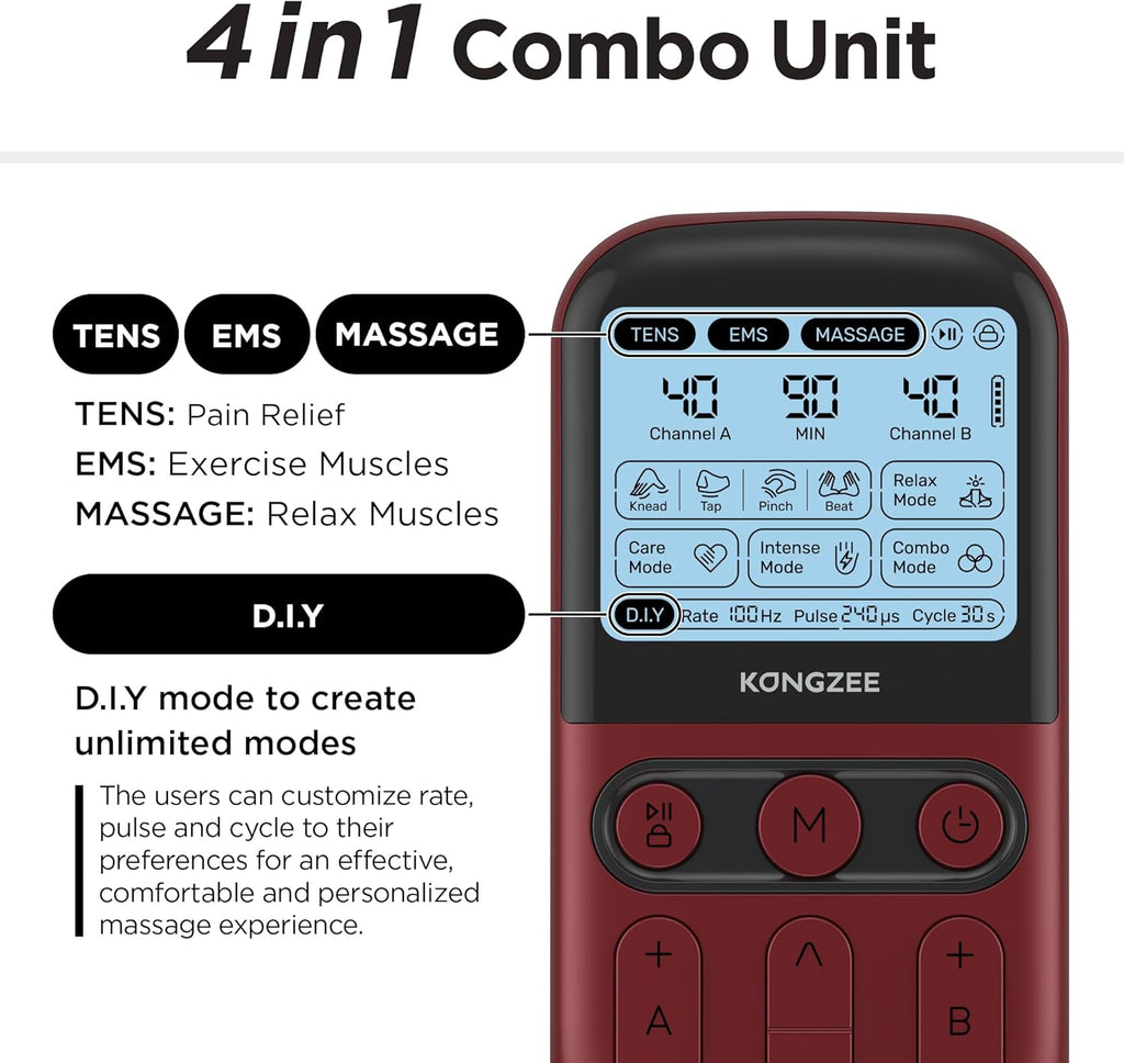 Kongzee 4-in-1 TENS Unit EMS Muscle Stimulator Rechargeable Pulse Massager


