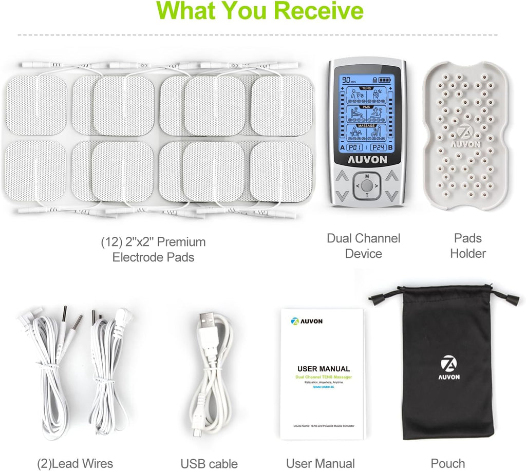 AUVON Dual Channel TENS EMS Muscle Stimulator for Pain Relief, Rechargeable

