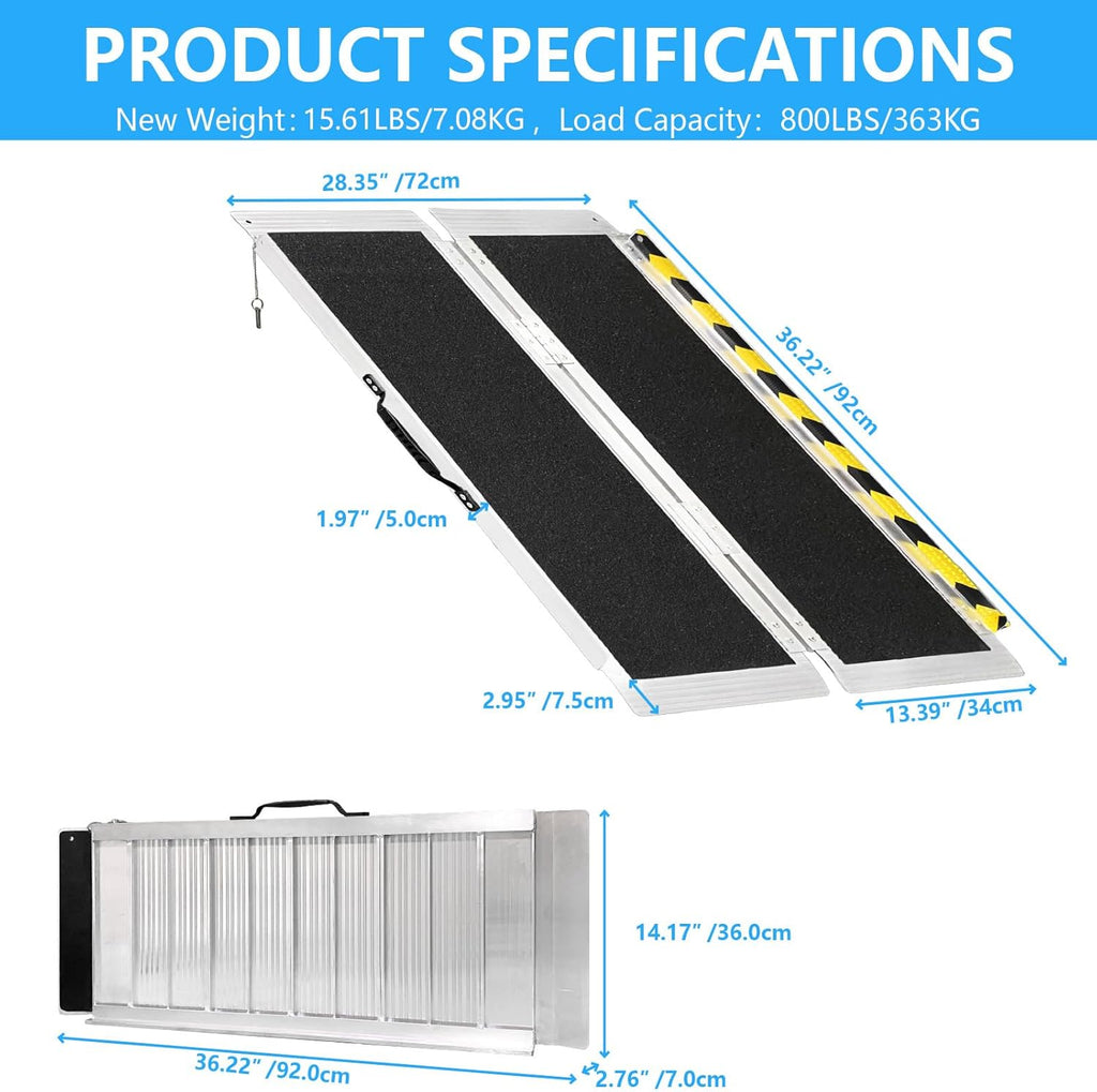 Portable Wheelchair Ramp Aluminum Folding Threshold Ramp, Non-Slip, 800 lb

