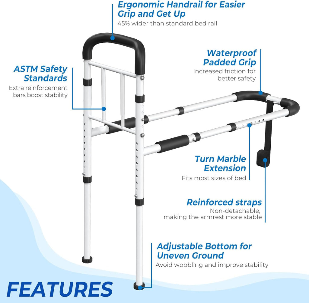Bed Rails for Seniors Safety ASTM Adjustable Bed Assist Rail 350 lb Non-Slip Grip

