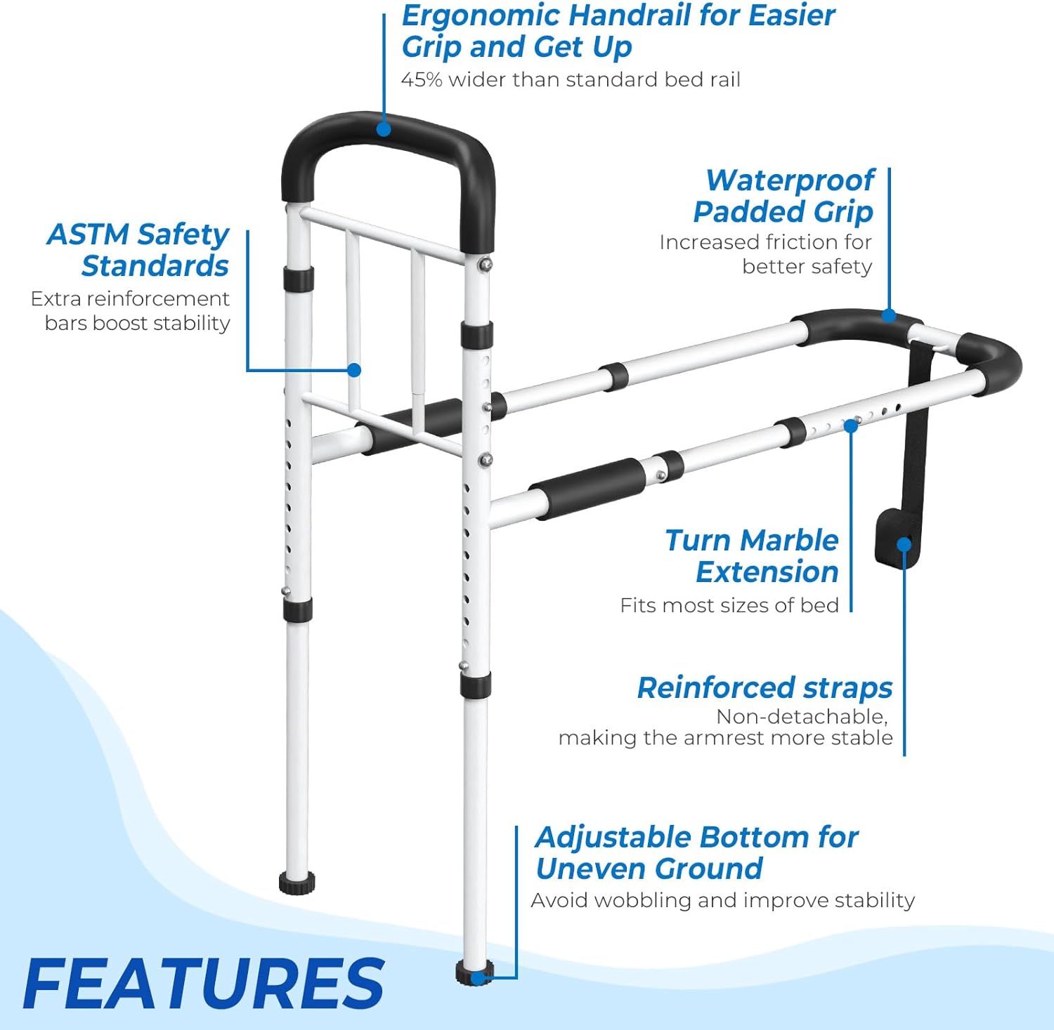 Bed Rails for Seniors Safety ASTM Adjustable Bed Assist Rail 350 lb Non-Slip Grip

