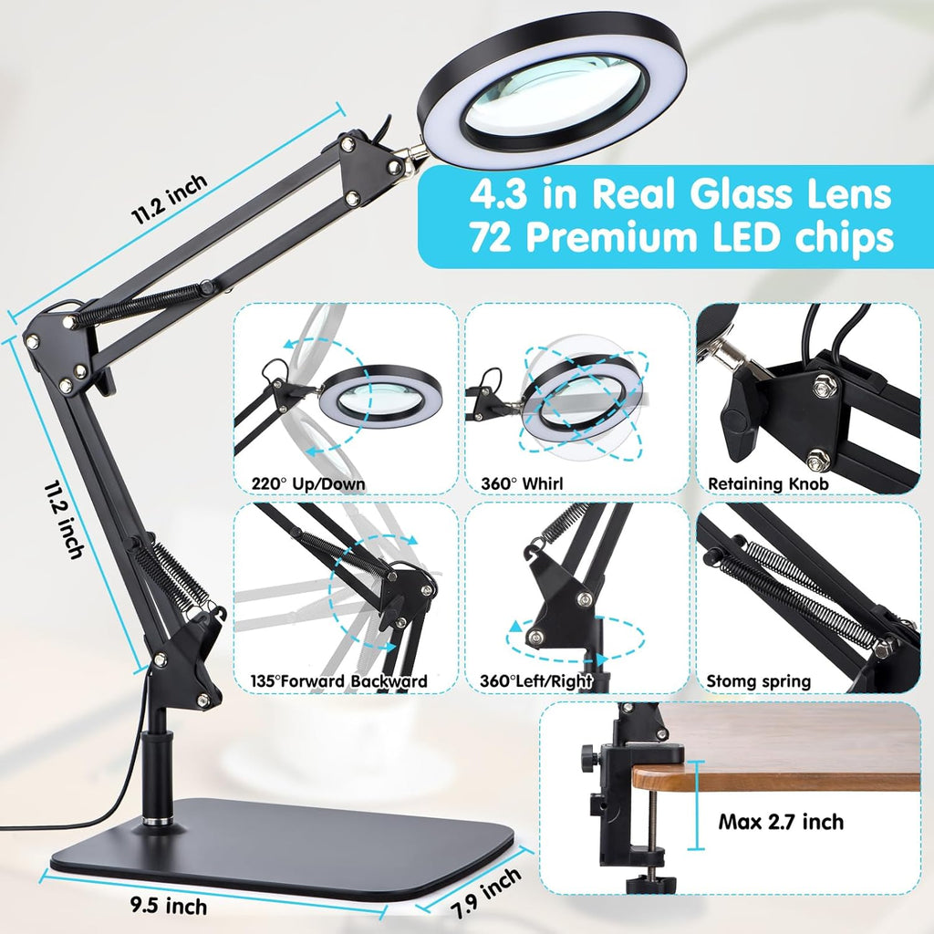 LED Magnifier Desk Lamp with Light, 5-Diopter Glass Lens, Adjustable Swivel Arm

