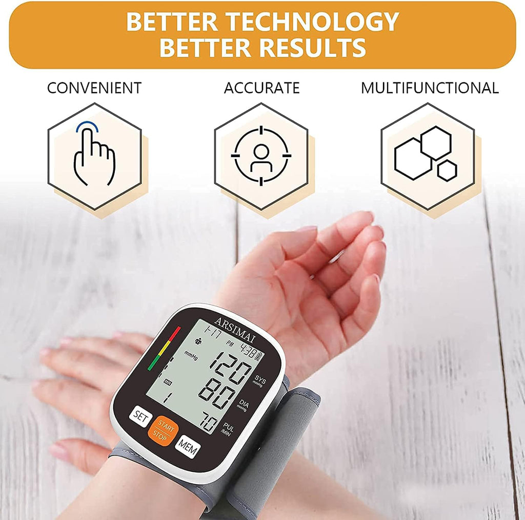Automatic Wrist Blood Pressure Monitor with Adjustable Cuff, Large LCD, 198 Memory

