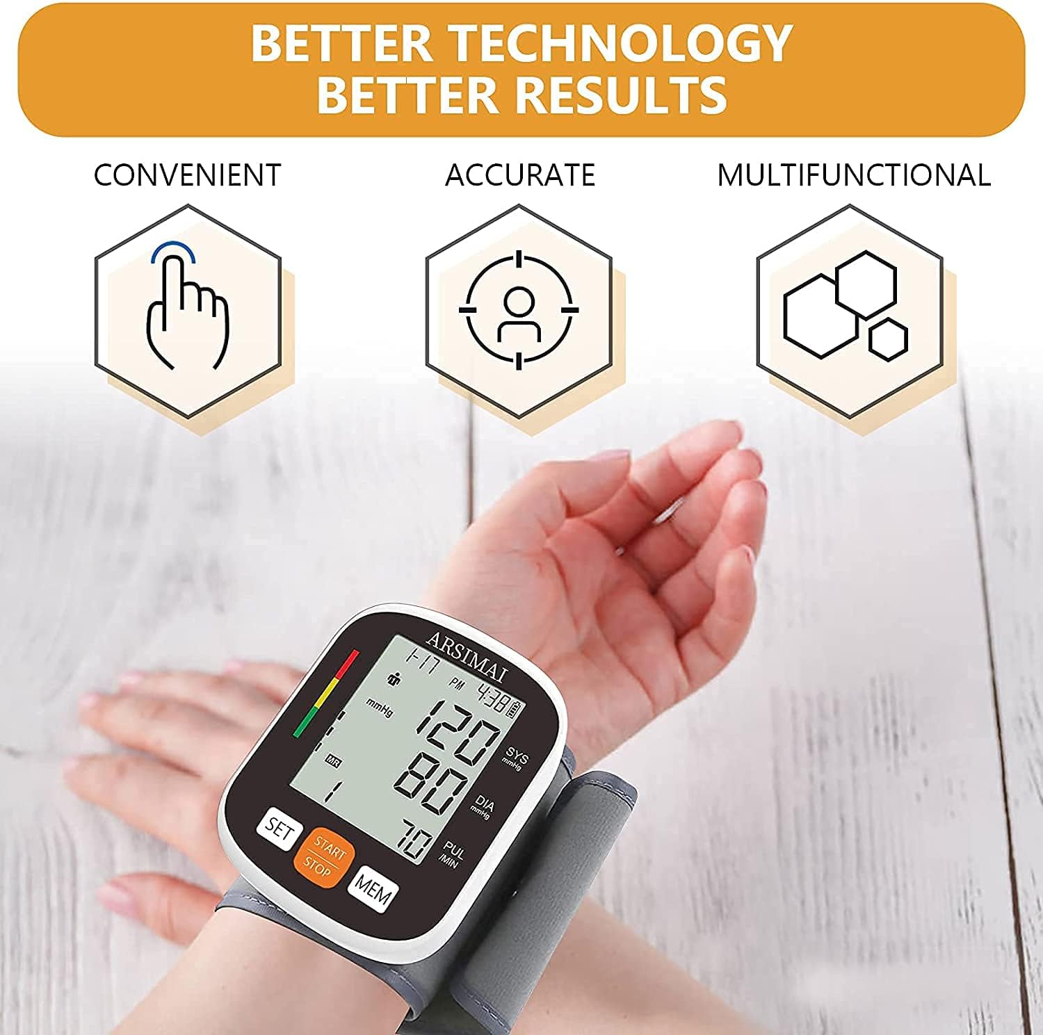 Automatic Wrist Blood Pressure Monitor with Adjustable Cuff, Large LCD, 198 Memory

