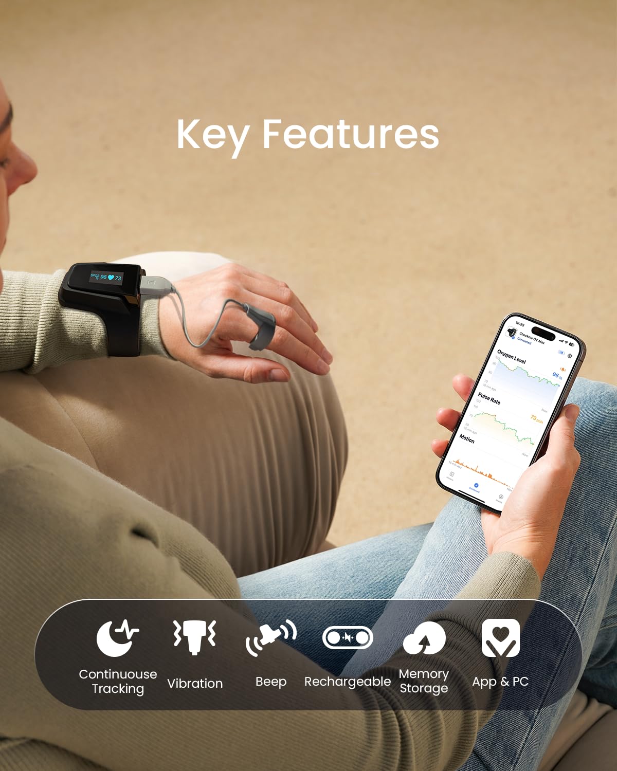 Wearpulse Wrist Pulse Oximeter, Wearable Oxygen Monitor with Bluetooth, 72-Hour Battery


