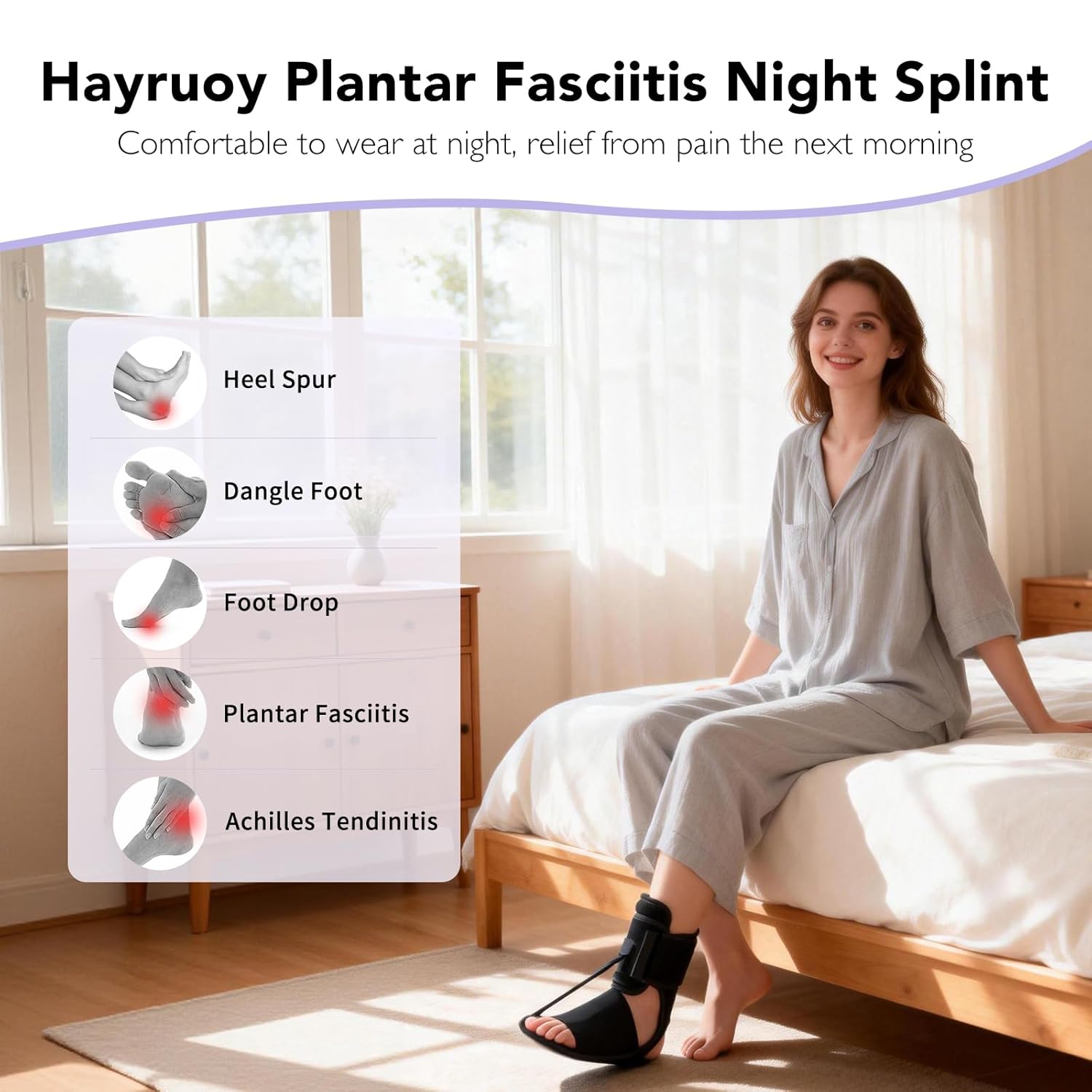 Plantar Fasciitis Night Splint with Massage Ball, Adjustable Stretch Brace

