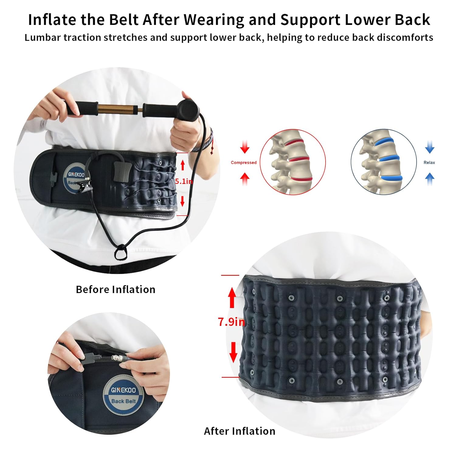 GINEKOO Inflatable Spinal Traction Belt for Lumbar Support and Back Pain Relief

