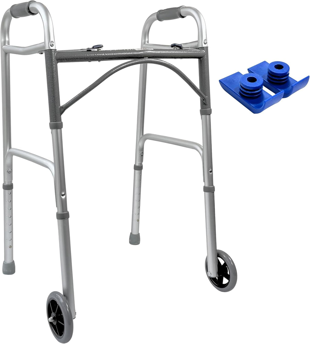 Two-Button Folding Walker with 5 in Wheels and Ski Glides, Height Adjustable

