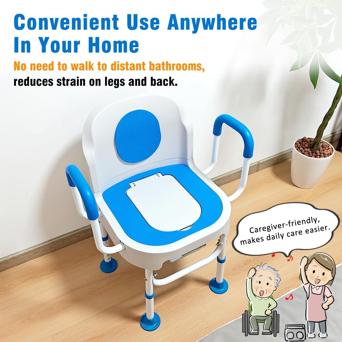 Lumizone Portable Toilet Chair Bedside Commode with Armrests & Dual-Lid Bucket

