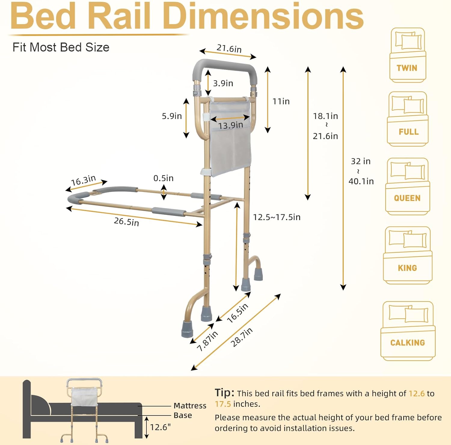 Bed Rails for Seniors with Non-Slip Handle, Storage Pocket, 360° Swivel Feet


