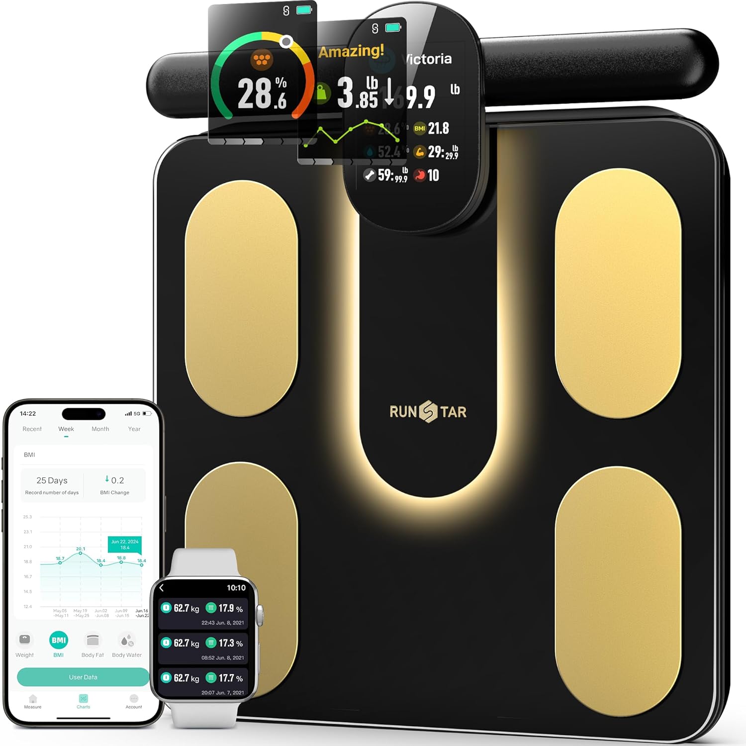 Runstar Smart Bathroom Scale with 8 Electrodes, Body Composition & TFT Display

