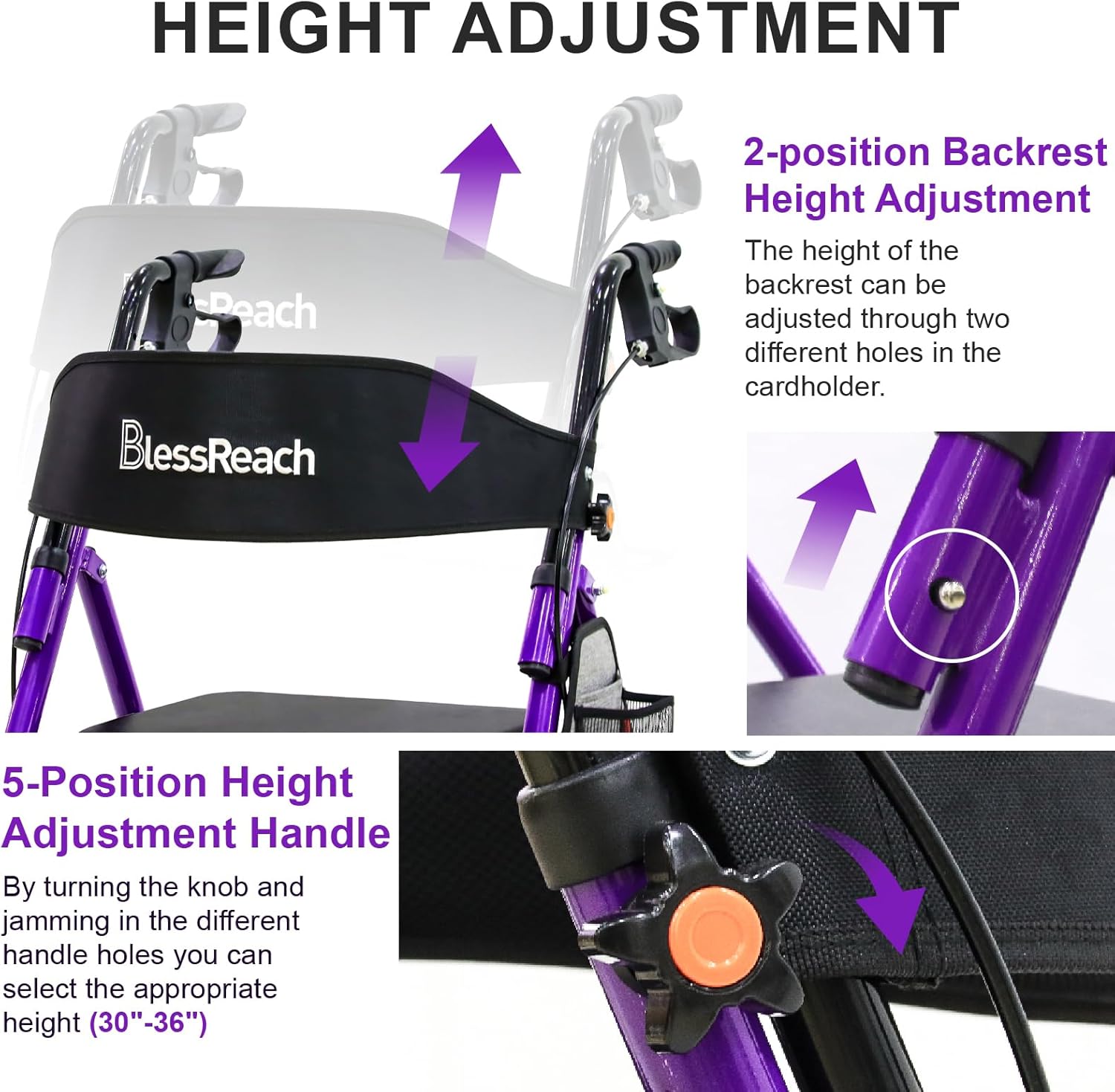 BlessReach Lightweight Foldable Rollator Walker with Seat, 350 lb Capacity, Adjustable Handle

