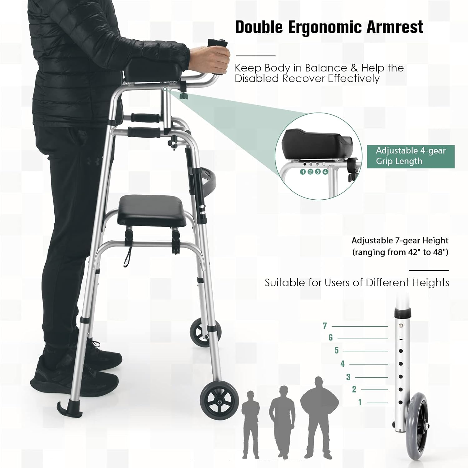Goplus Folding Walker for Seniors, Lightweight Mobility Aid with Seat and Armrests

