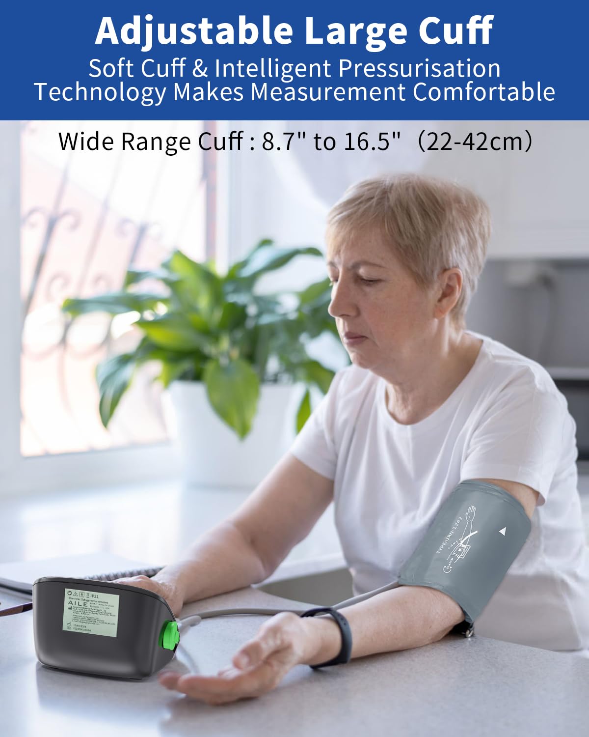 AILE Upper Arm Blood Pressure Monitor with Adjustable Cuff, Large LCD Display


