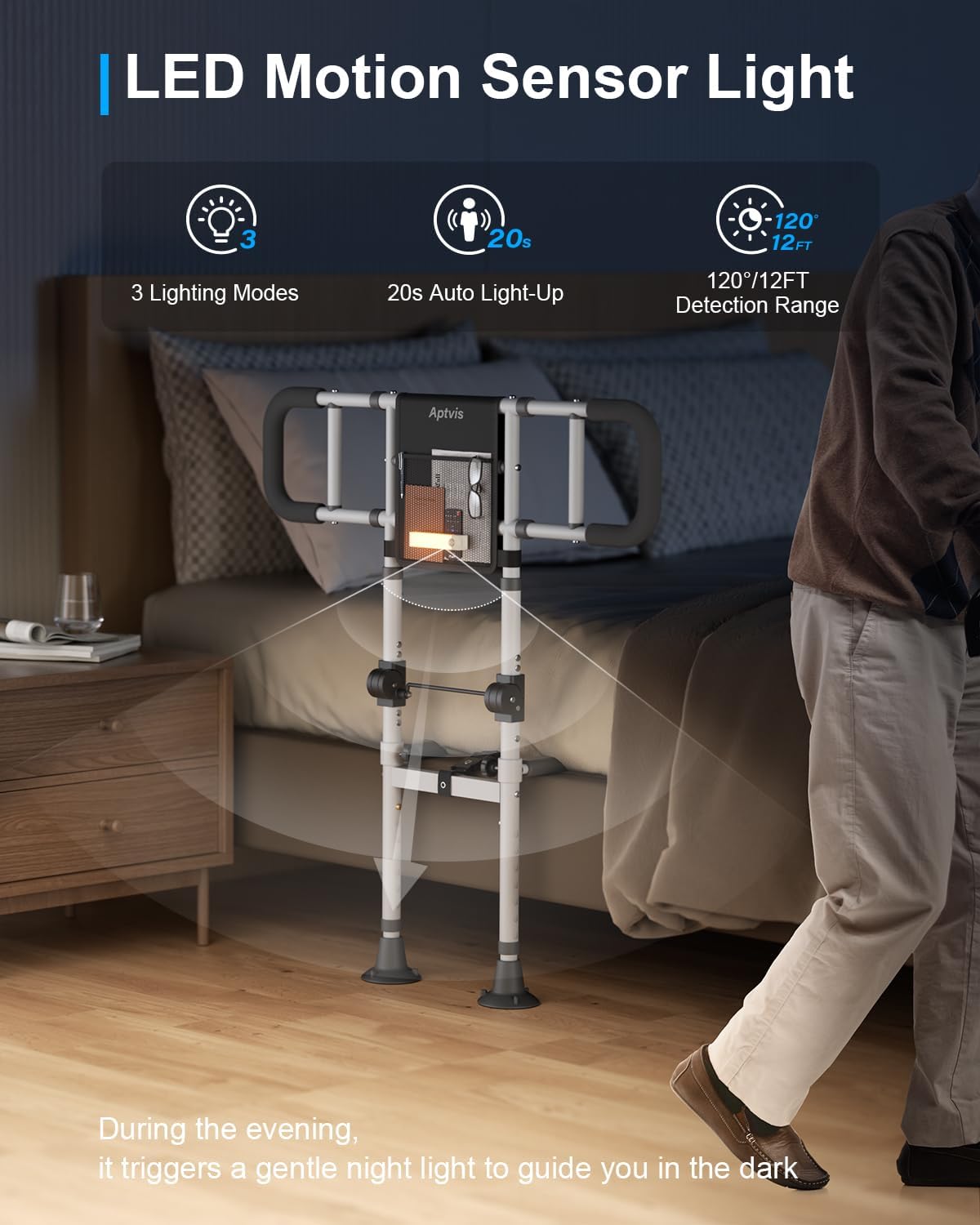 Foldable Bed Assist Rail for Seniors, ASTM Compliant Safety Support with Motion Light

