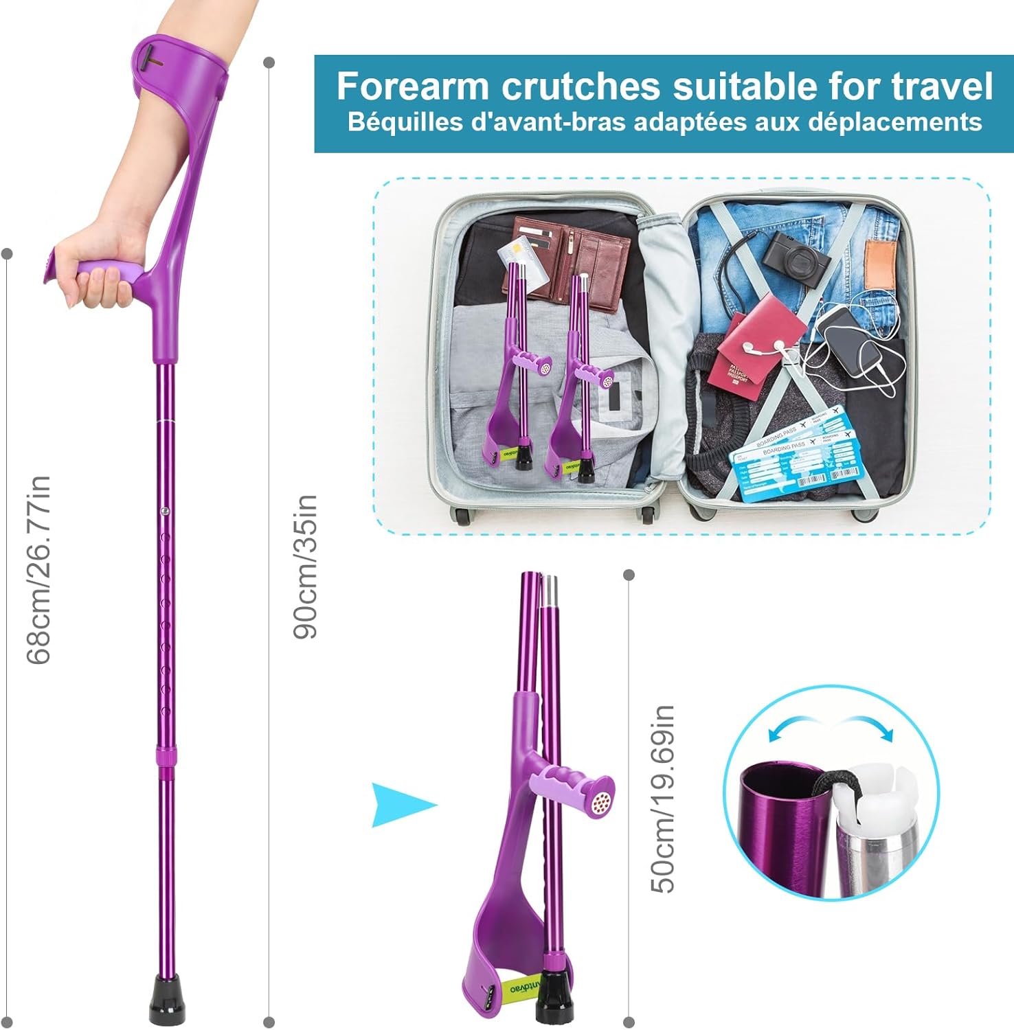 Forearm Crutches Pair Folding Forearm Crutches Anti-Drop Cuff Non-Slip Grip

