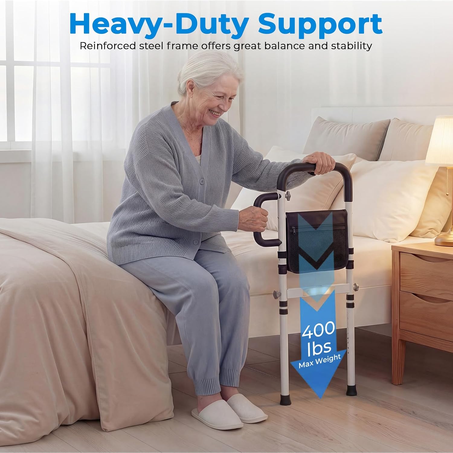 Adjustable Bed Rail for Seniors with Motion Sensor LED, Non-Slip Handle, Storage Bag

