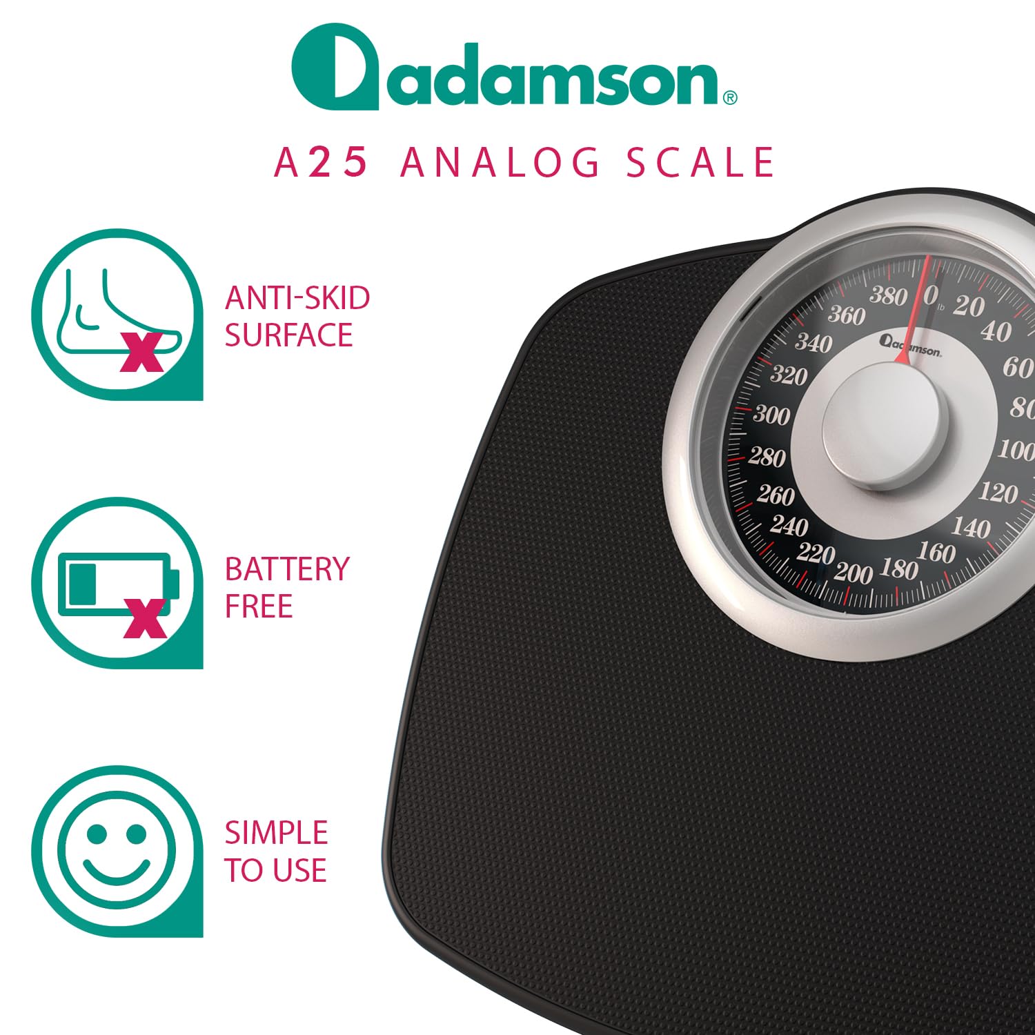 Adamson A25 Analog Body Weight Scale, Max 400 lb, Anti-Skid Rubber, No Batteries

