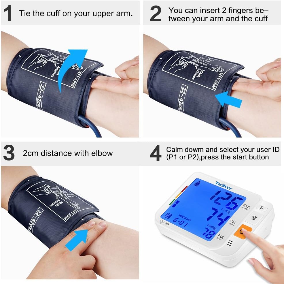 Digital Upper Arm Blood Pressure Monitor, Backlit LCD, Electric Power Charger

