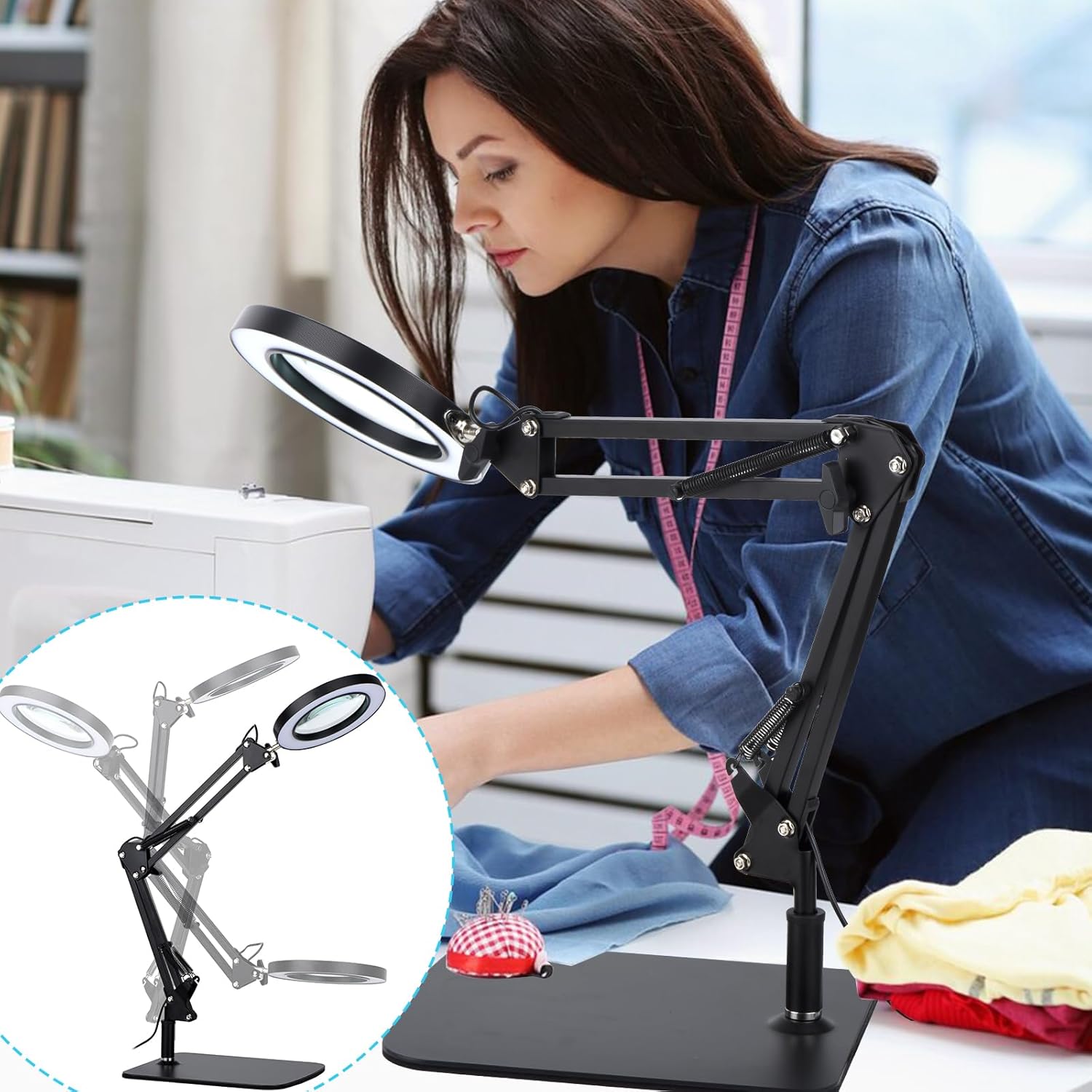 LED Magnifier Desk Lamp with Light, 5-Diopter Glass Lens, Adjustable Swivel Arm

