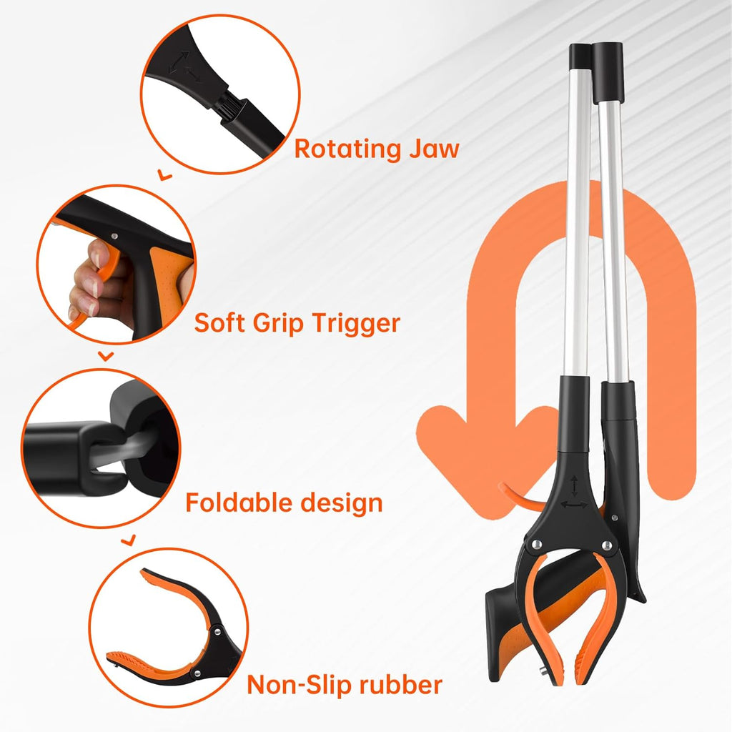 Grabber Reacher Tool with 360° Rotating Jaw and Magnetic Tip, Foldable Pickup Tool

