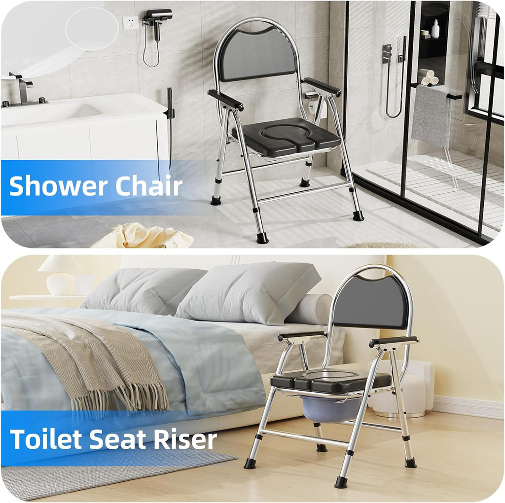 4-in-1 Folding Bedside Commode Chair for Elderly with Arms and Back, Adjustable Height

