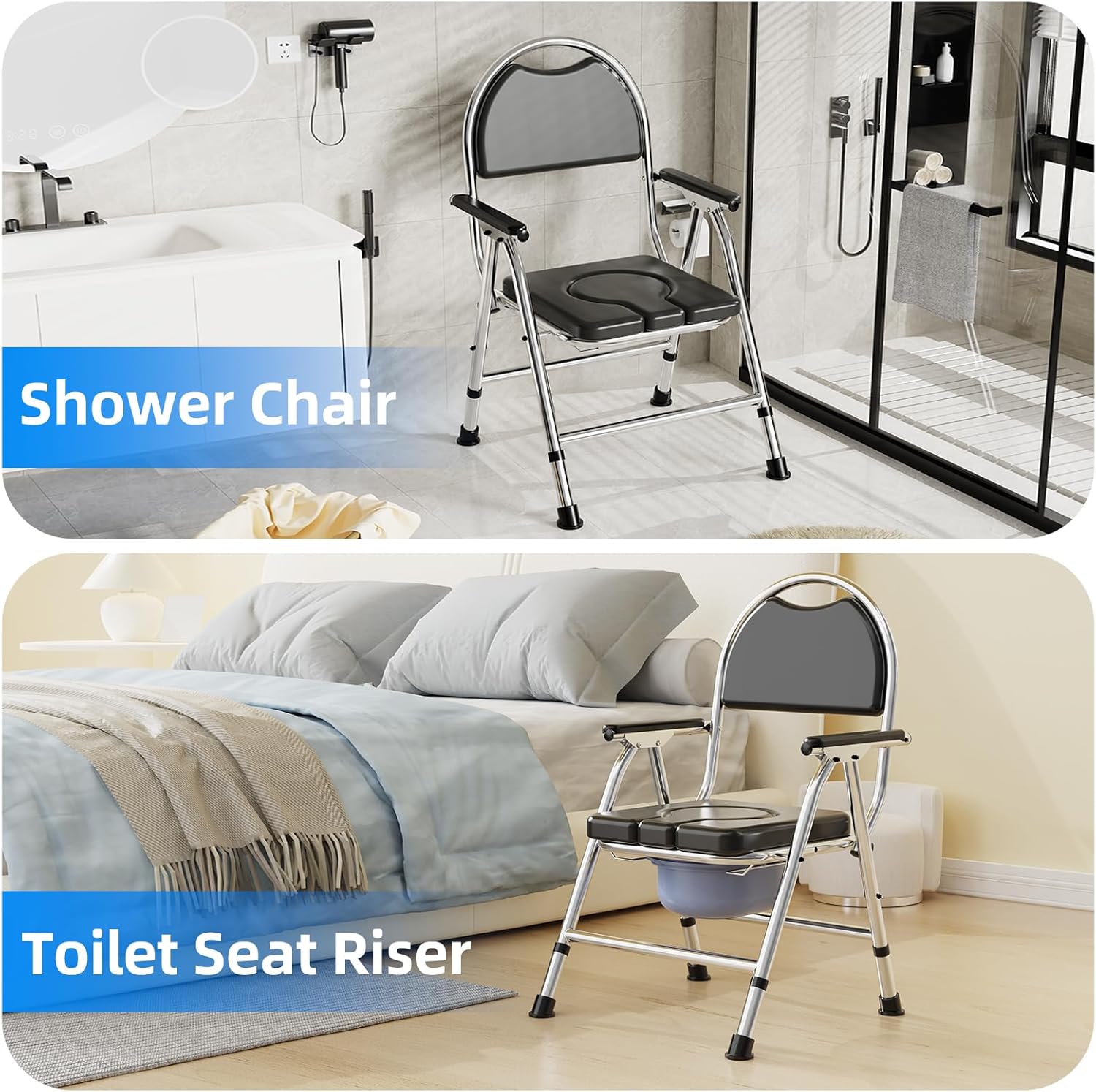 4-in-1 Folding Bedside Commode Chair for Elderly with Arms and Back, Adjustable Height

