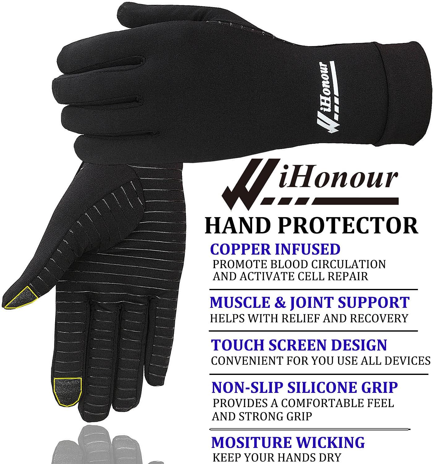 Copper Full Finger Compression Gloves for Arthritis Pain Relief, Touchscreen

