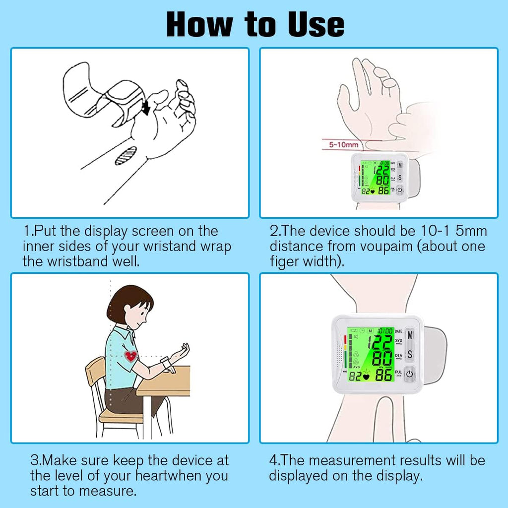 Wrist Blood Pressure Monitor Digital BP Machine USB Rechargeable Tri-Backlit Display

