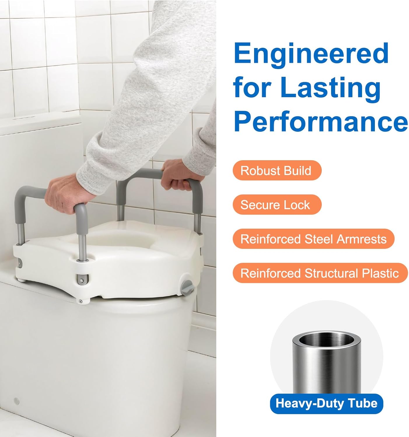 Raised Toilet Seat Riser with Removable Padded Handles, 5-Inch Lift

