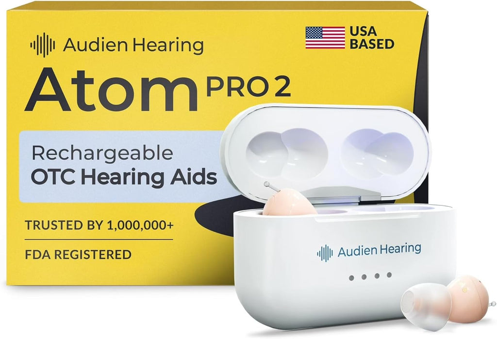 Audien Atom Pro 2 OTC Rechargeable Hearing Aid with Wireless Charging Case

