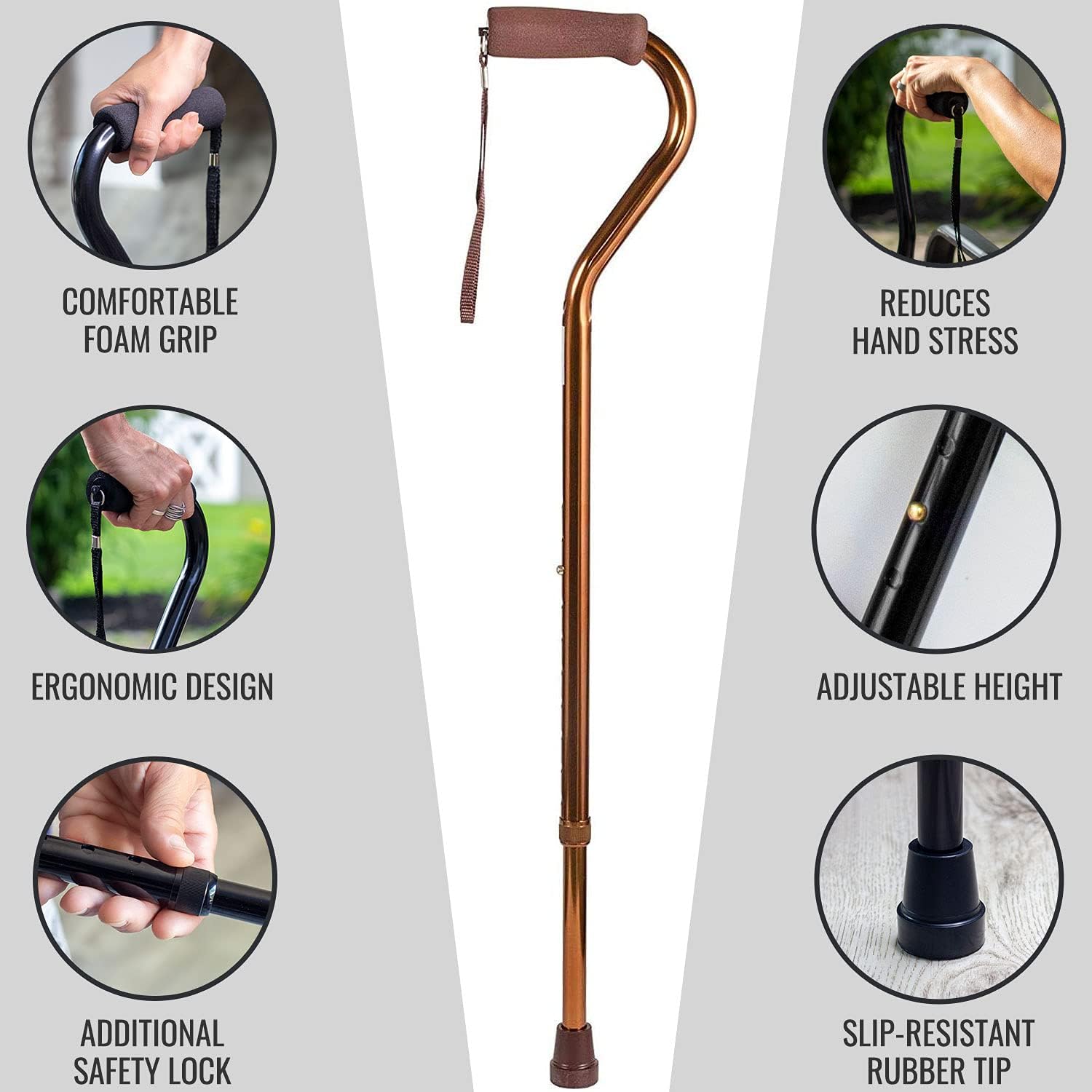DMI Adjustable Walking Cane for Adults, Lightweight Ergonomic Handle and Wrist Strap

