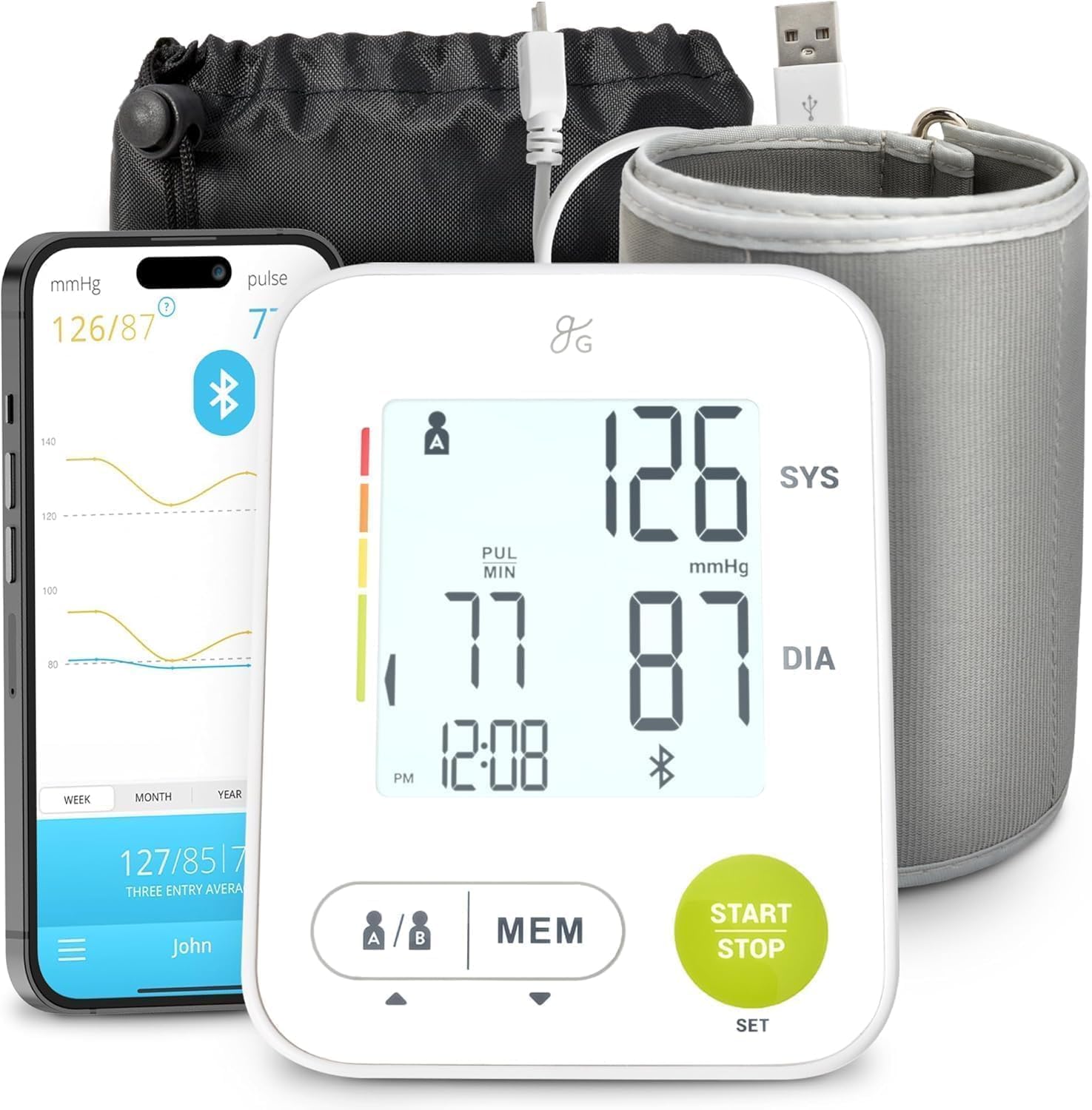 Greater Goods Automatic Bluetooth Upper Arm Blood Pressure Monitor with Wide Cuff 22–42 cm


