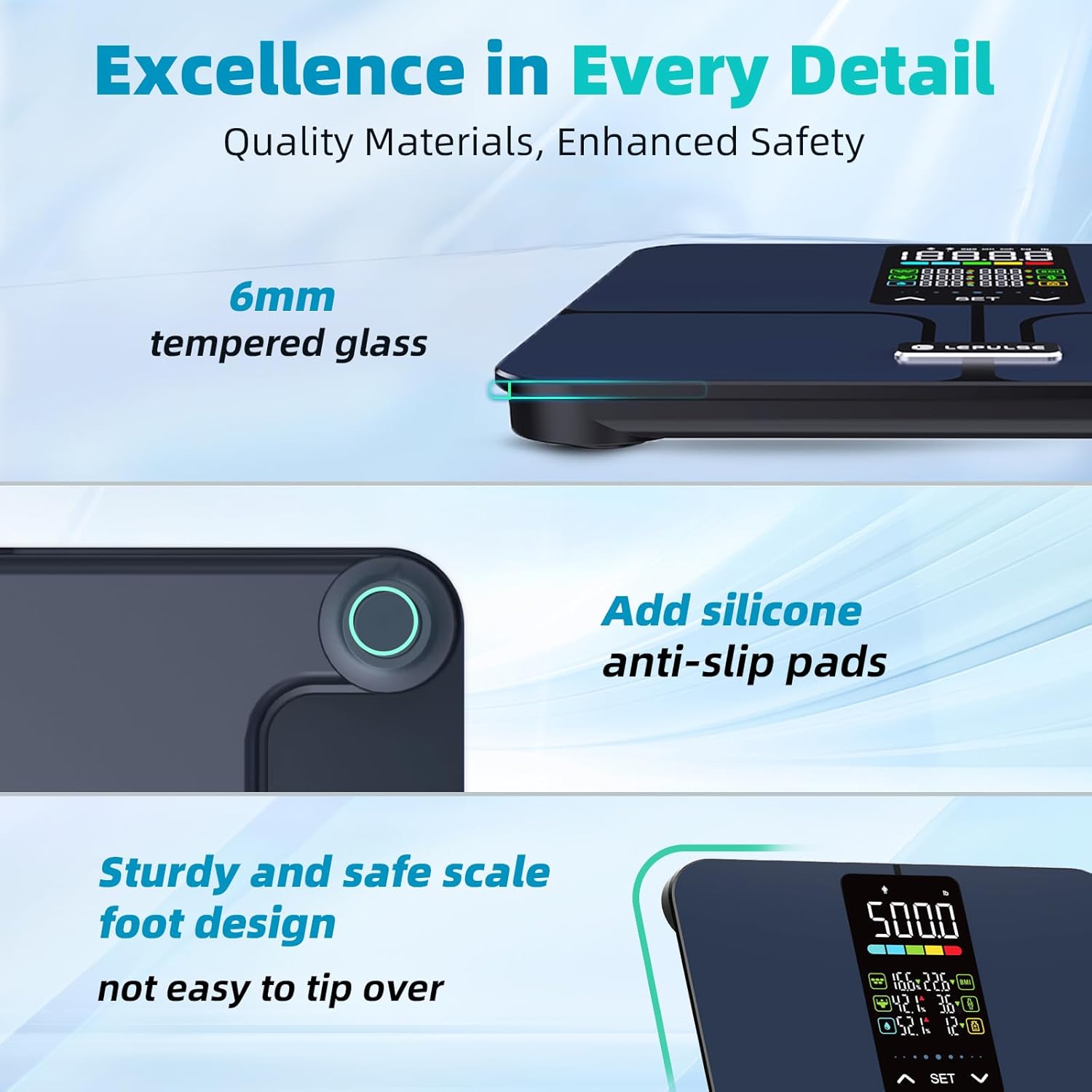 Lepulse Smart Body Fat Scale for Bathroom with BMI, Muscle, Water and 500 lb Capacity


