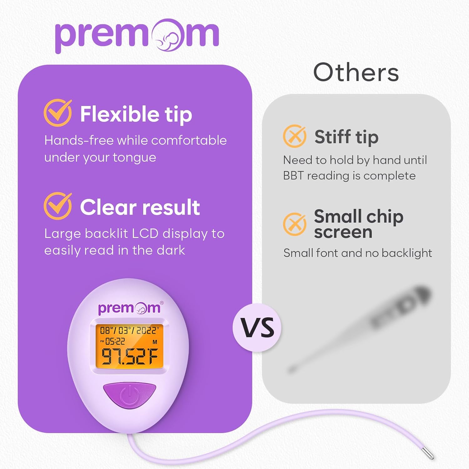 Premom Smart Basal Body Thermometer for Ovulation, Long-Tip Digital BBT EBT-380

