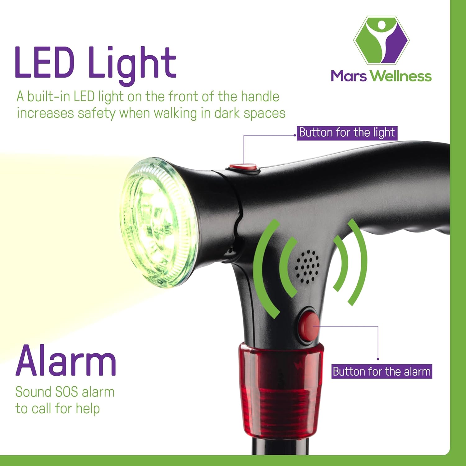 Smart Walking Cane with LED Light, Foldable Tripod Cane with Flashlight & Alarm

