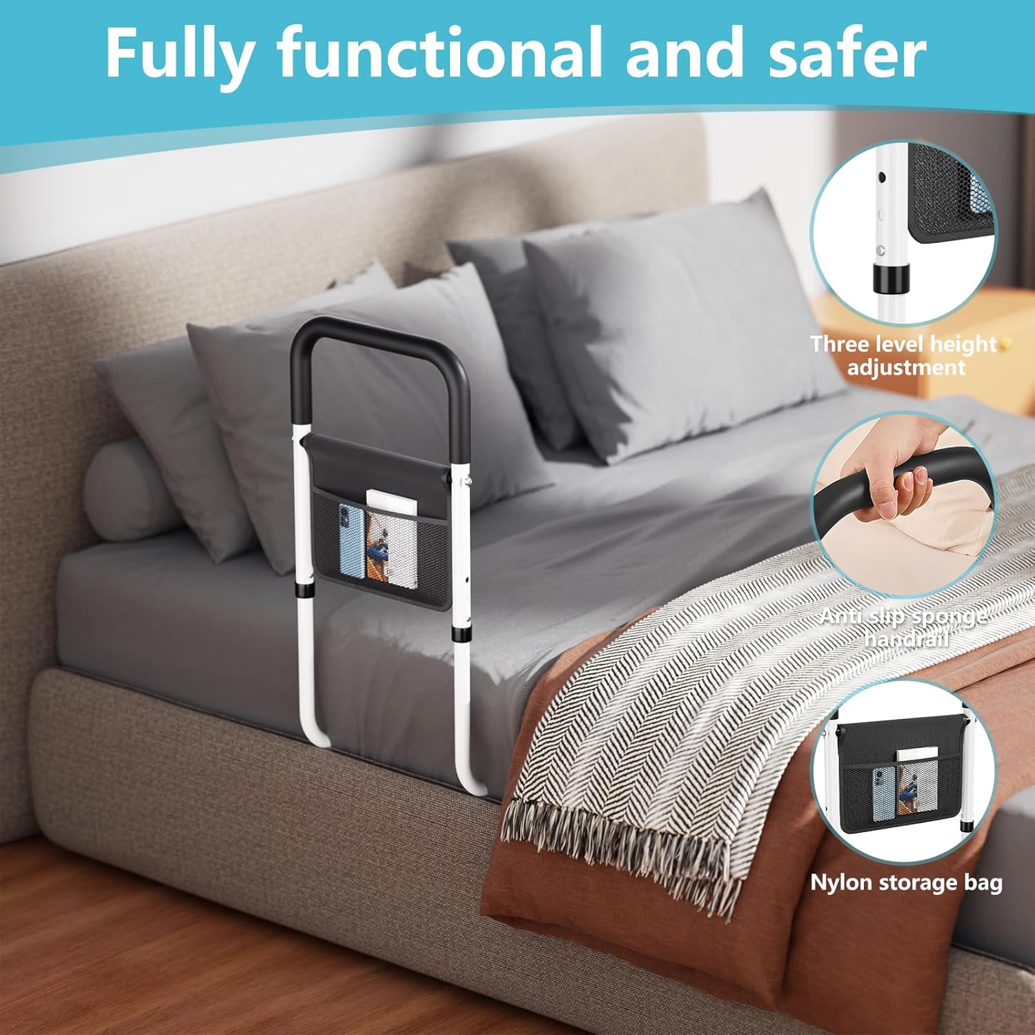 Hopelight Adjustable Bed Rail Support Handle with Storage Pouch for Bed Mobility

