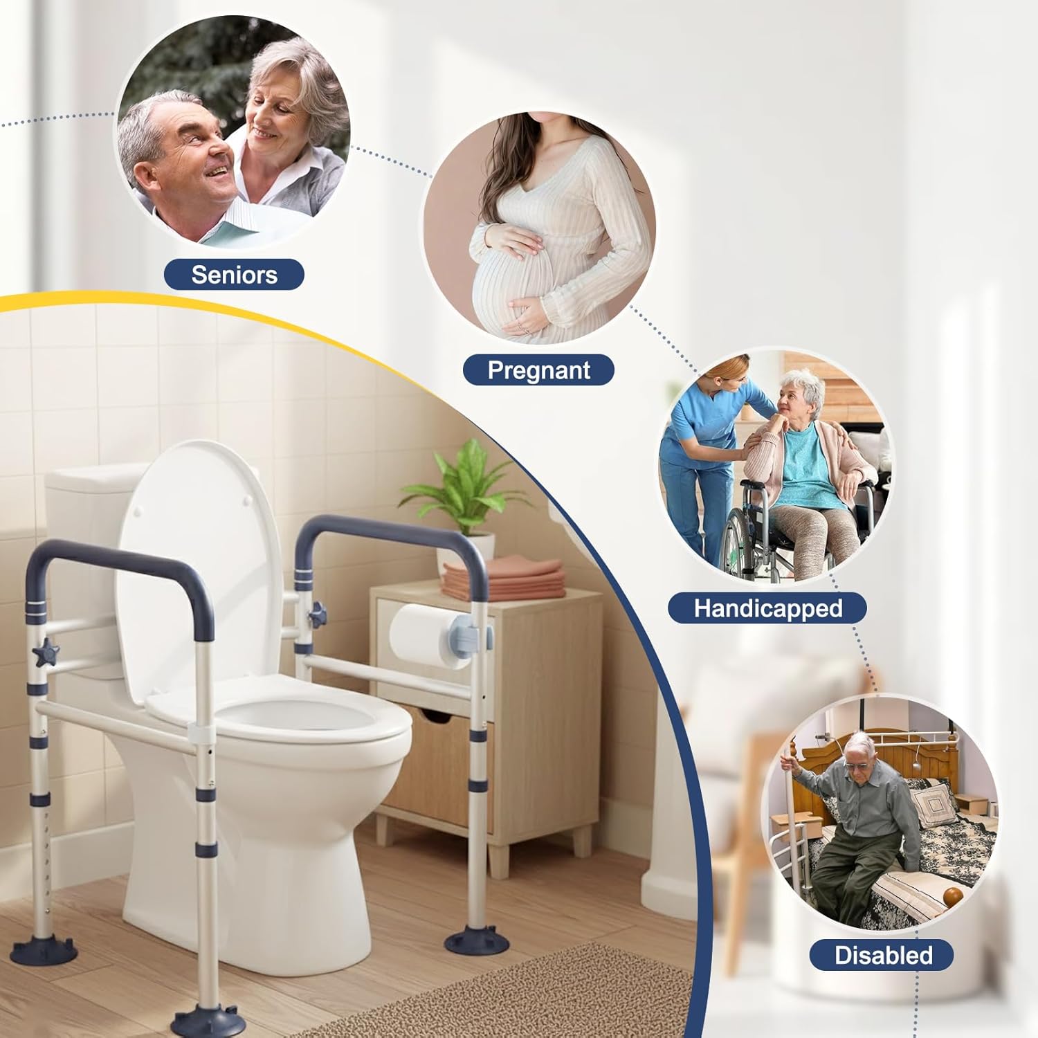 HolyHeal Adjustable Toilet Safety Rails for Seniors, Foldable Non-Slip Handles

