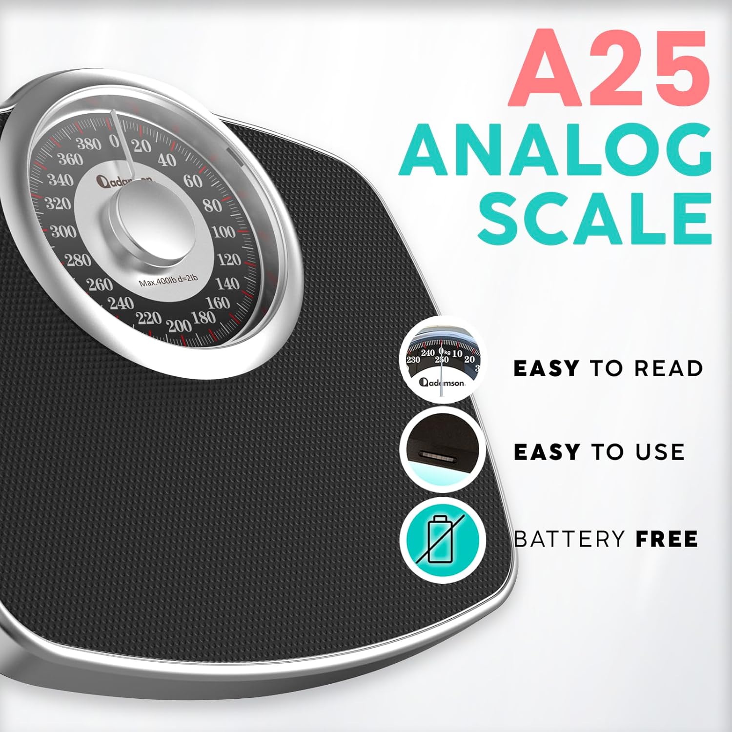 Adamson A25 Analog Body Weight Scale, Up to 400 Pounds, 5.3" Dial, Anti-Skid

