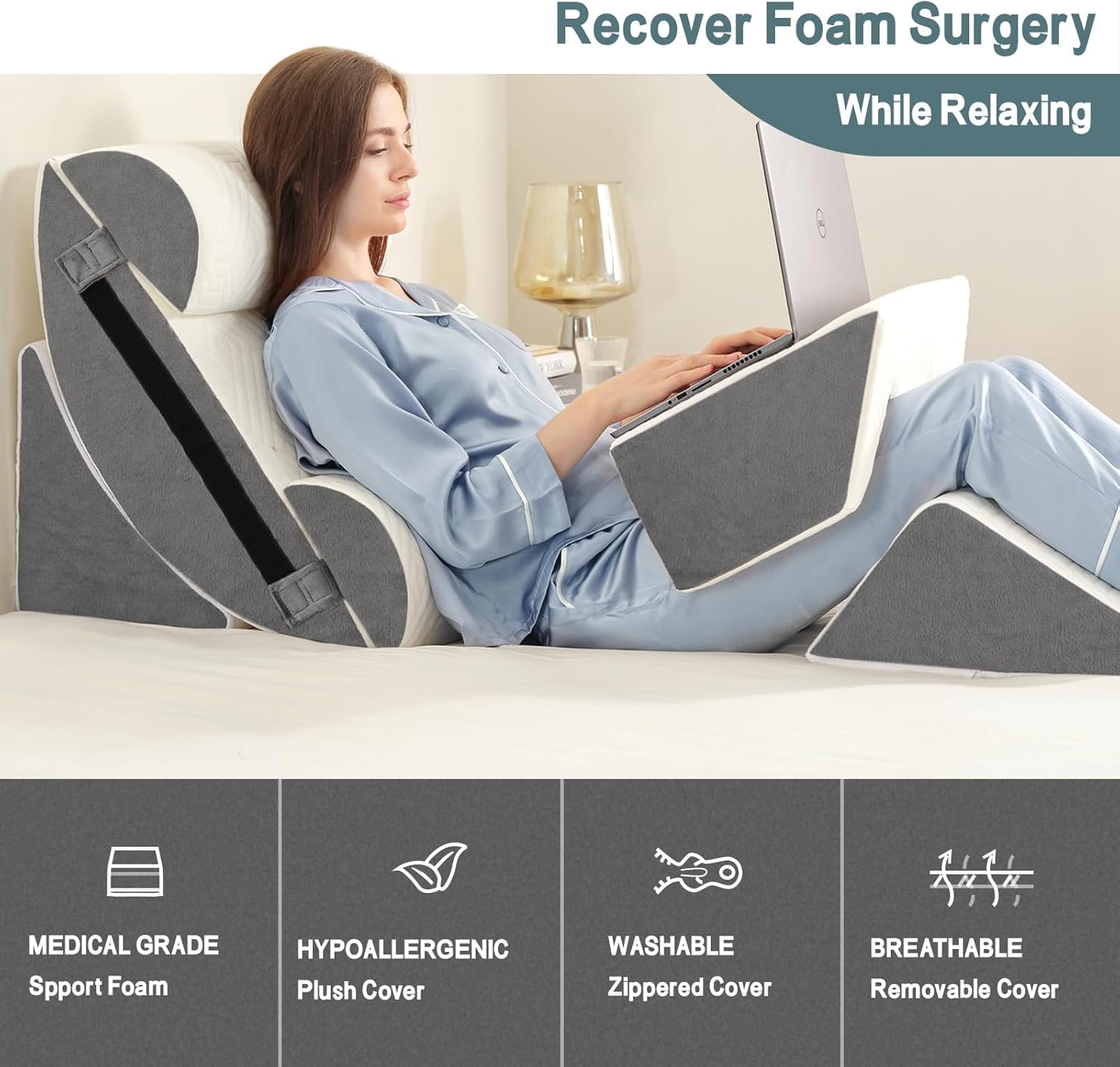 Yojoker Orthopedic Bed Wedge Pillow for Post Surgery, Memory Foam Back and Leg Support

