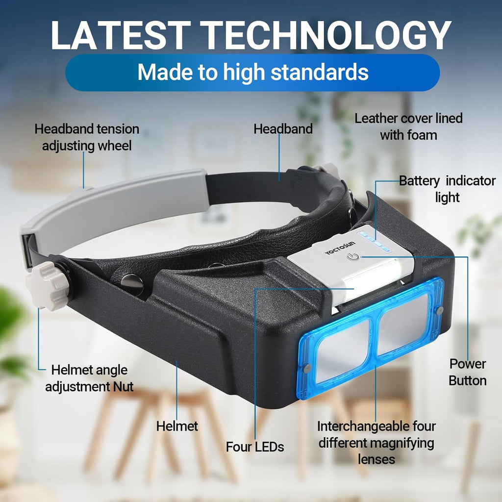 YOCTOSUN Rechargeable Headband Magnifier with Light, Hands-Free 4 Lenses 1.5X-3.5X

